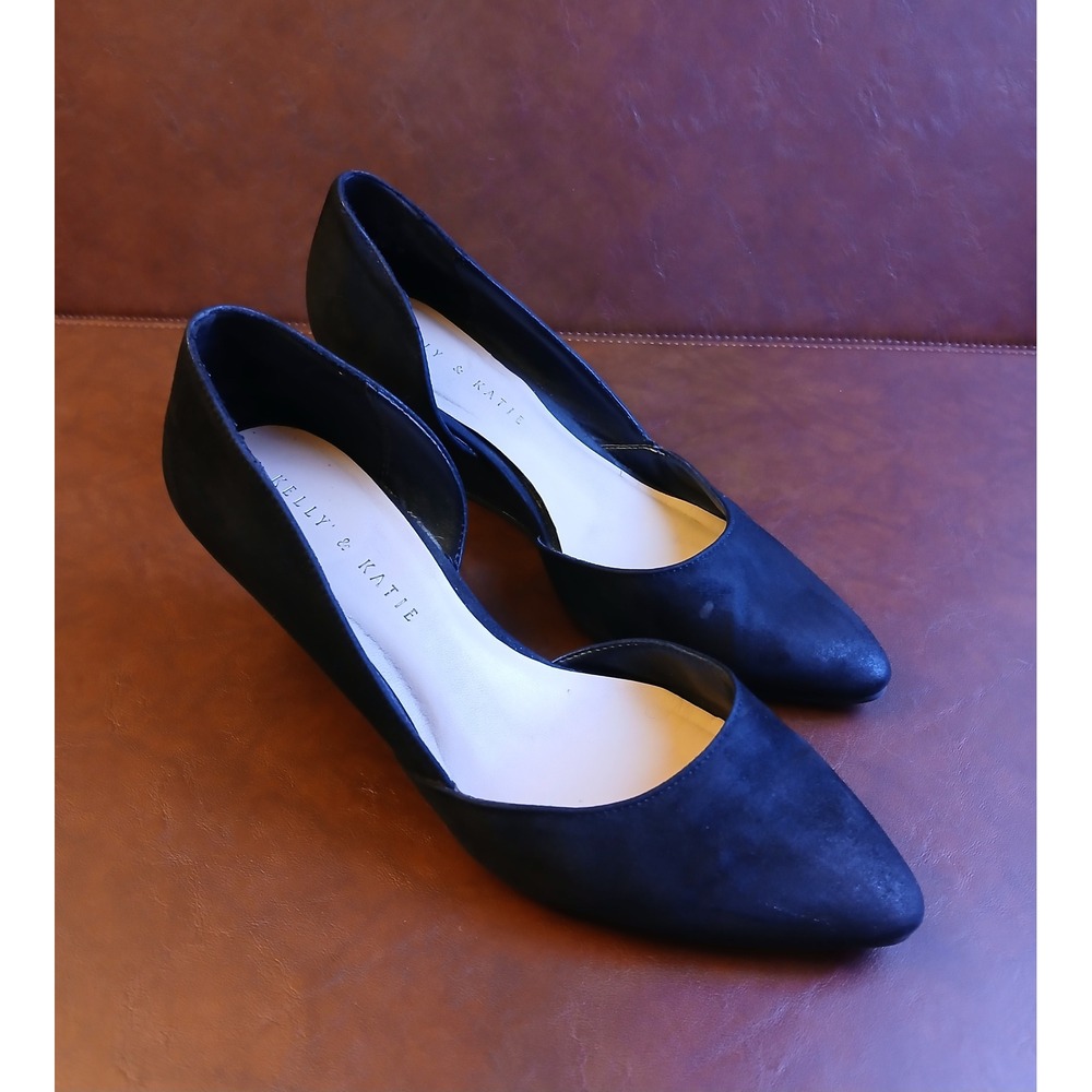 Kelly & Katie Womens Black Faux Suede Pointed Toe D'Orsay Wedge Pumps Heels 3in